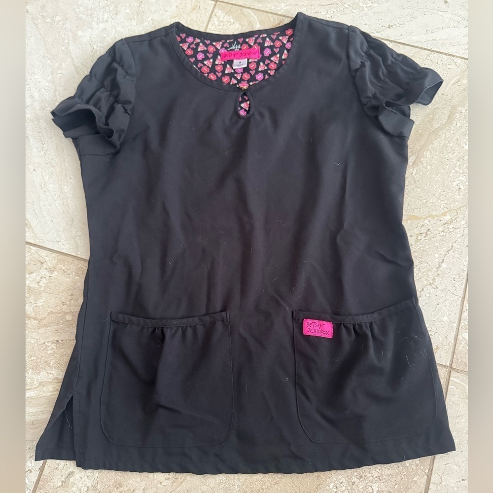 Betsey Johnson Size small black scrubs top pink heart button